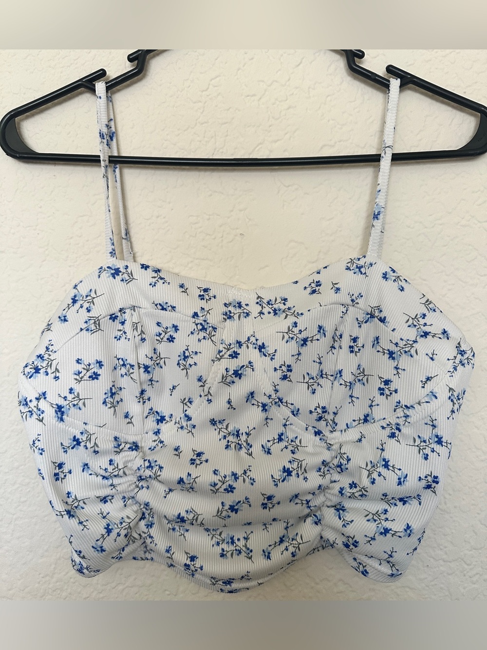 Blue Floral Ruched Spaghetti-Strap Crop Camisole